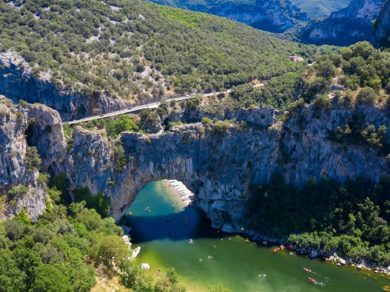 Aerial view of Narural arch in Vallon Pont D'arc in Ardeche cany