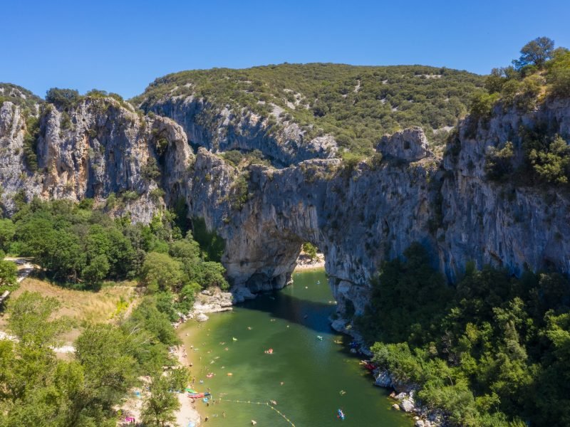 Aerial view of Narural arch in Vallon Pont D'arc in Ardeche canyon in France